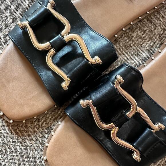 Steve Madden | Size 10 Alita Slip on Slide Sandals Gold Tone Black Hardware - Picture 9 of 11